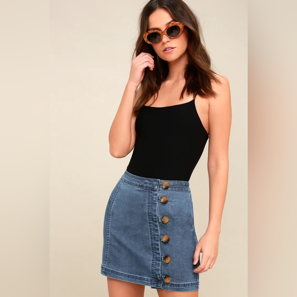 Free People Little Daisies  Denim Mini Skirt with Button